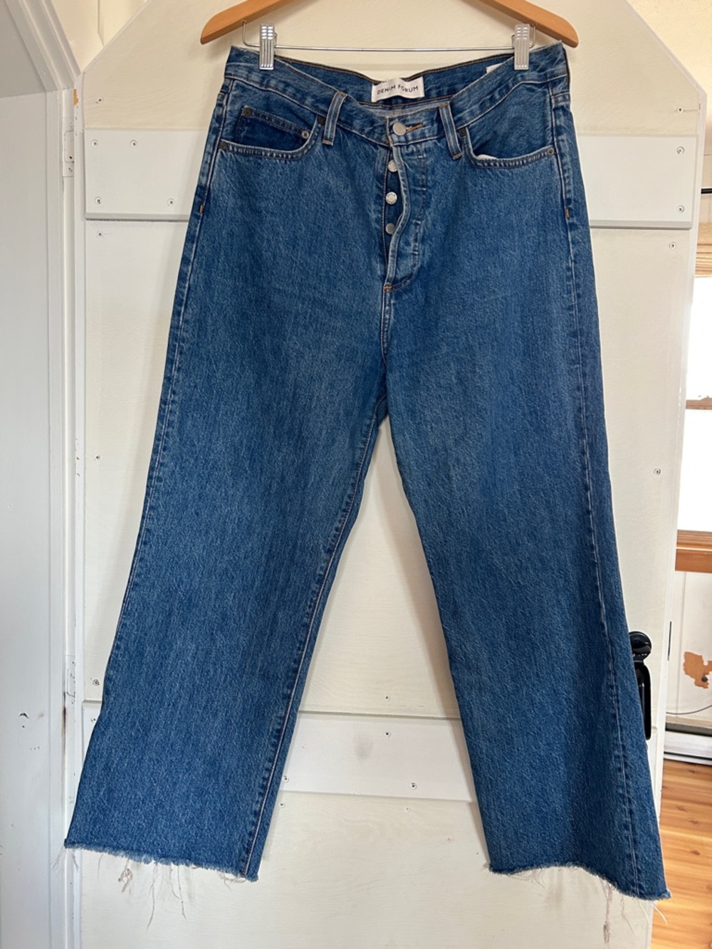 Denim Forum The Farrah High Rise Wide Leg Jeans Raw Hem Size 31